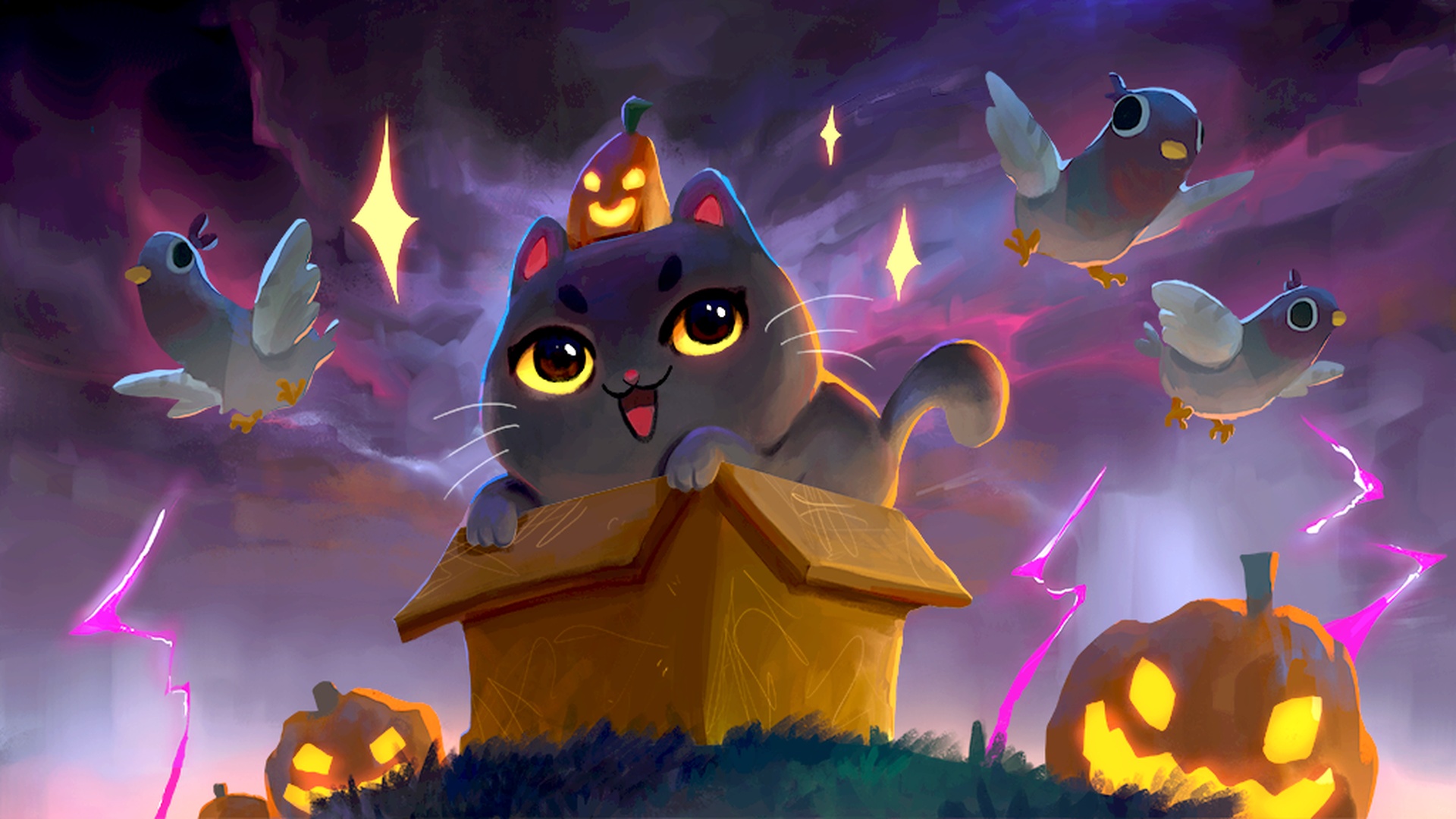 Kitty in the Box Halloween Night poster by Allison Zheng: a grey cat wearing a glowing jack-o'-lantern hat peeks out of a cardboard box under a purple night sky, with pigeons and carved pumpkins.